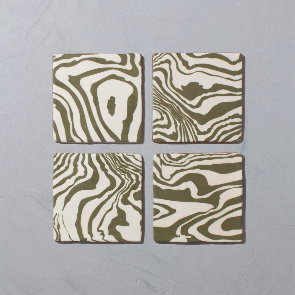 Green & White "Pour" Glazed Square Tile