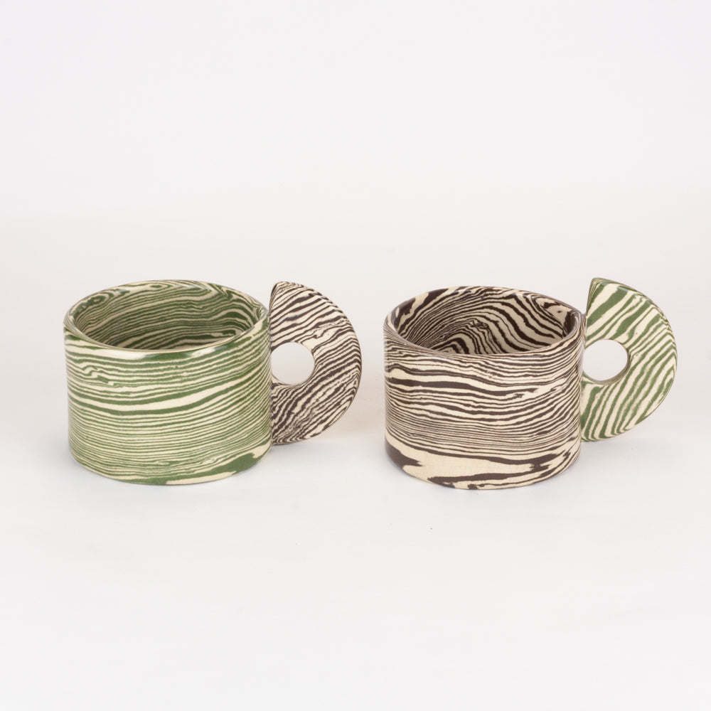 Set of 2 bi-colour Green & Brown Marble Mugs